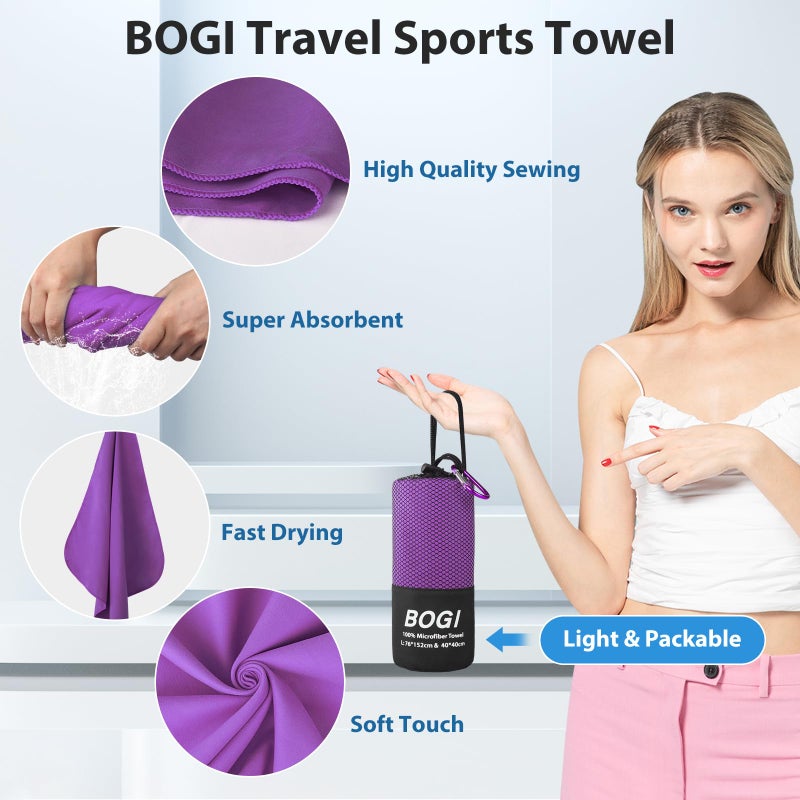 BOGI Microfiber Quick Dry Sports Towel, Purple, 60"x30"+16"x16" - Image 4